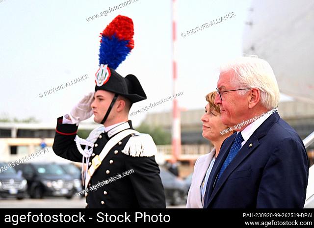 20 September 2023, Italy, Catania: German President Frank-Walter Steinmeier and his wife Elke Büdenbender are received at Catania-Fontanarossa Airport Vincenzo...