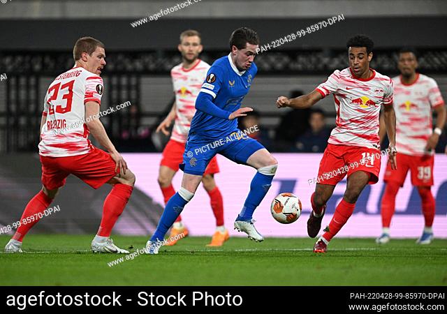 28 April 2022, Saxony, Leipzig: Soccer: Europa League, RB Leipzig - Glasgow Rangers, knockout round, semifinals, first leg, Red Bull Arena