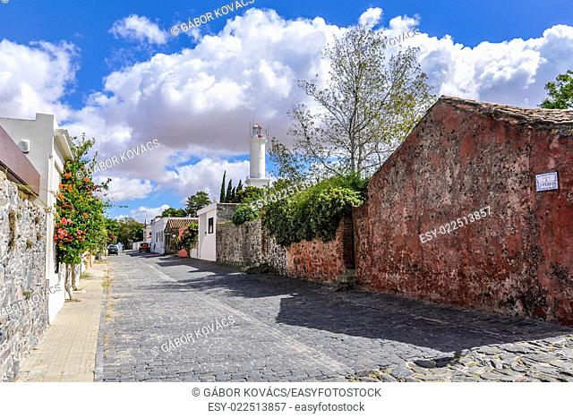 Colonial buildings on the street of Colonia del Sacramento, a colonial city in Uruguay