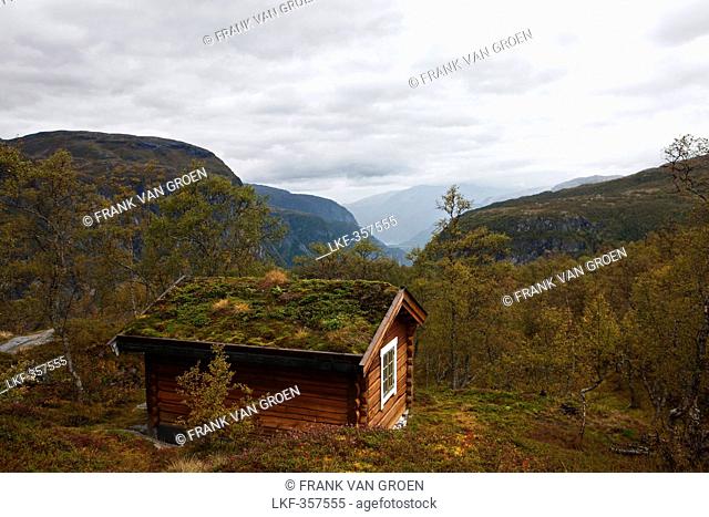 Wooden hut with a moss covered roof in a rocky landscape, close to Eidfjord, Hordaland, Norway, Skandinavia, Europe