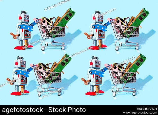 Pattern of vintage robot toys pushing miniature shopping carts filled with electronic equipment