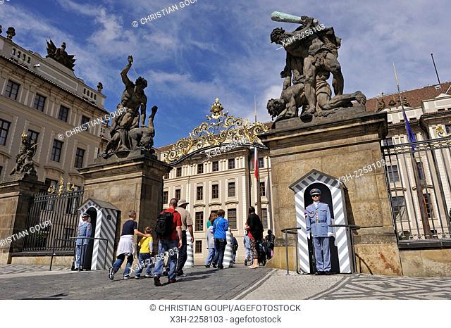 statues depicting Giants fighting at the entrance of Castle of Prague, Czech Republic, Europe