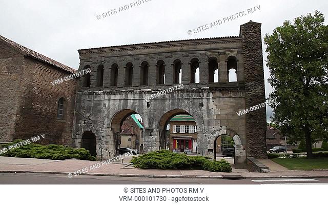 Locked Down Shot, daylight, cloudy weather. Gallo-Roman Gate of Saint Andre Porte Saint Andre, 1st century AD. The historic city of Autun was founded as a Roman...