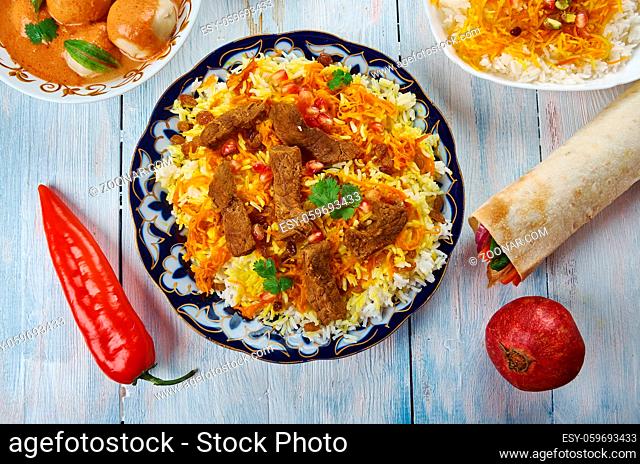 Afghani Pulao, Afghani uisine, central Asia Traditional assorted dishes, Top view