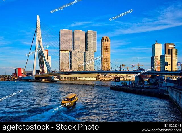 Rotterdam cityscape with Erasmus bridge over Nieuwe Maas river on sunset with speed boat passing under the bridge. Netherlands