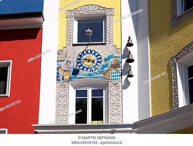 House facade of a pharmacy on the Maxplatz, Traunstein, Chiemgau, Upper Bavaria, Bavaria, Germany