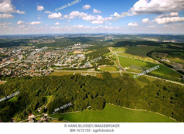 Aerial view, State Garden Show Hemer, on a former military barracks, Maerkischer Kreis district, Sauerland, North Rhine-Westphalia, Germany, Europe