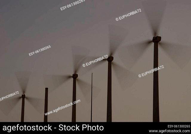 Wind turbines in motion in the municipality of Aguimes. Gran Canaria. Canary Islands. Spain
