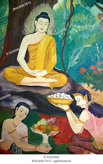 Fresco depicting food offerings to the Buddha in Wat Ampharam, Hua Hin, Thailand, Southeast Asia, Asia