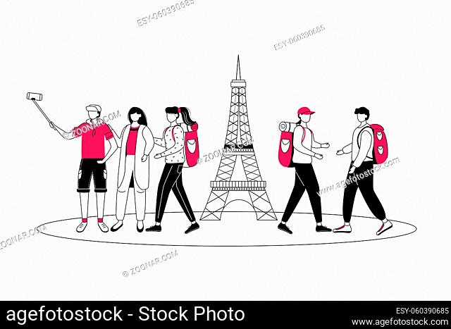 Weekend in Paris flat contour vector illustration. Traveling to France isolated cartoon outline character on white background. Tourist on trip