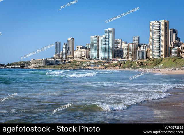 View from Ramlet al Baida public beach situated along the southern end of the Corniche Beirut promenade in Beirut, Lebanon