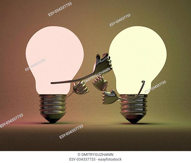 Reddish glowing light bulb punching yellowish one with its fist on background which is illuminated by them