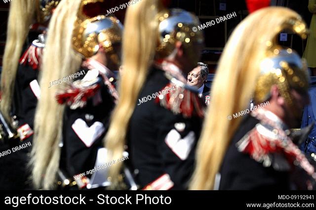 Council President Mario Draghi arrives at the military parade in Via dei Fori Imperiali during the celebrations for the Republic Day