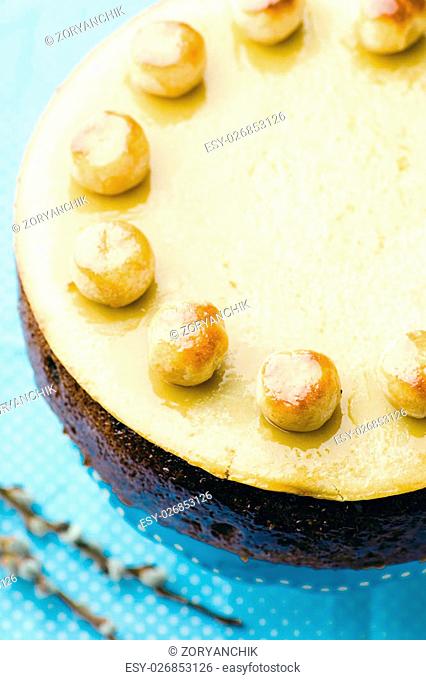 Simnel cake .Traditional English easter cake with marzipan. selective focus