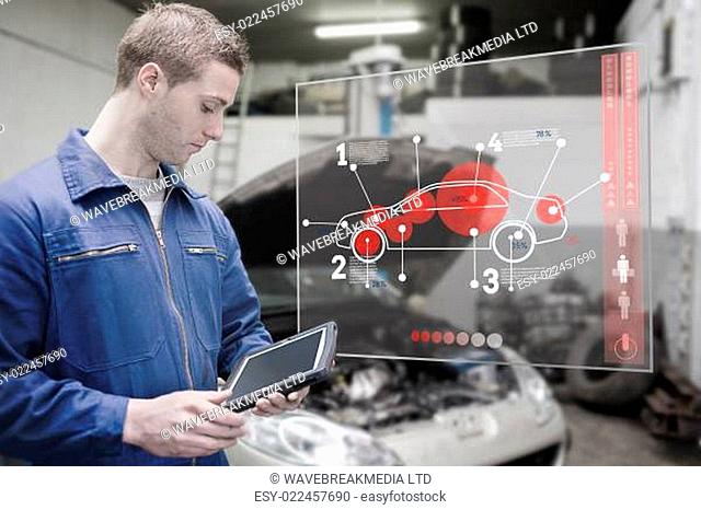 Mechanic using tablet and futuristic interface with diagram