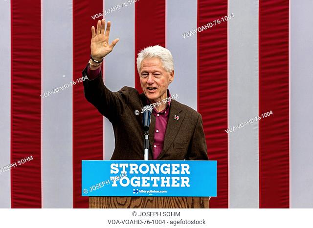 Keene, New Hampshire - OCTOBER 17, 2016: Former U.S. President Bill Clinton speaks on behalf of his wife Democratic presidential nominee Hillary Clinton during...