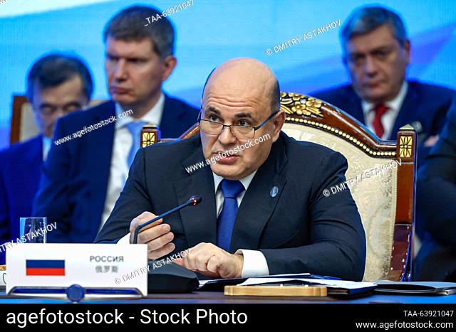 KYRGYZSTAN, BISHKEK - OCTOBER 26, 2023: Russia's Prime Minister Mikhail Mishustin (front) attends the 22nd session of the Council of Heads of Government (Prime...
