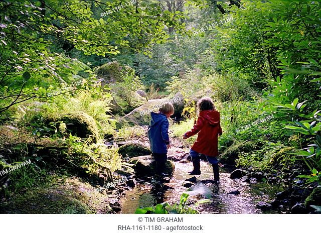 A four year old boy and five year old girl playing in a stream in Devon