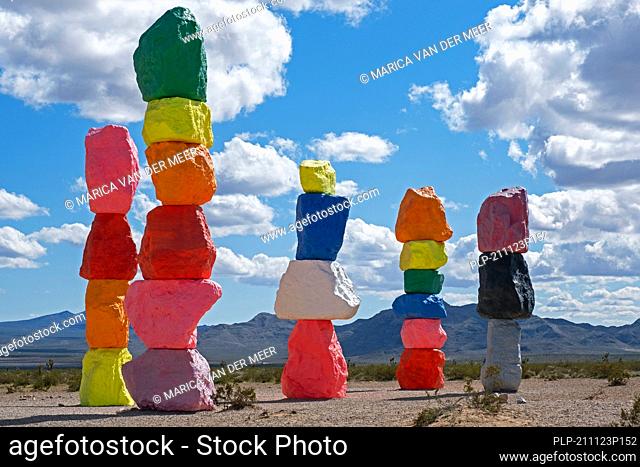Seven Magic Mountains / Seven Sisters, art installation made of colorful, stacked boulders in Ivanpah Valley near Las Vegas, Nevada, United States, US