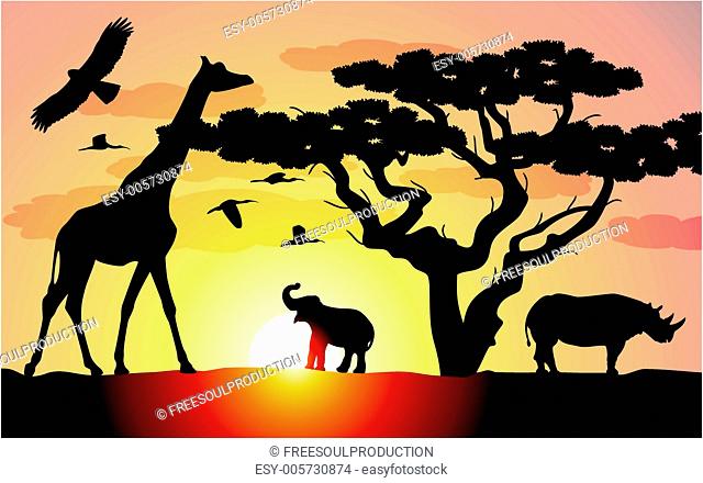 vector giraffe, rhinoceros and elephant in africa