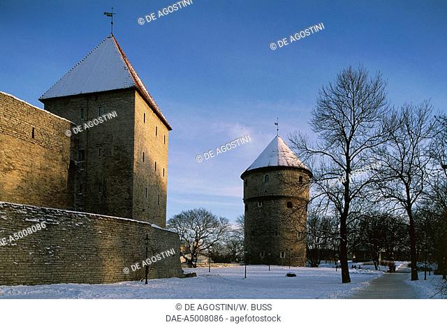 Walls and Kiek in de Kok tower, 17th century, Toompea district under snow, Historic centre of Tallinn (UNESCO World Heritage List, 1997), Estonia