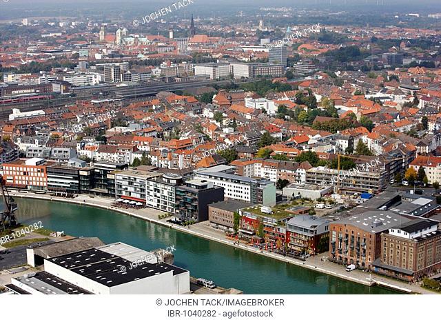 Muenster inland port, entertainment district, Kreativquai, industrial area southeast of the city centre, Muenster, North Rhine-Westphalia, Germany, Europe
