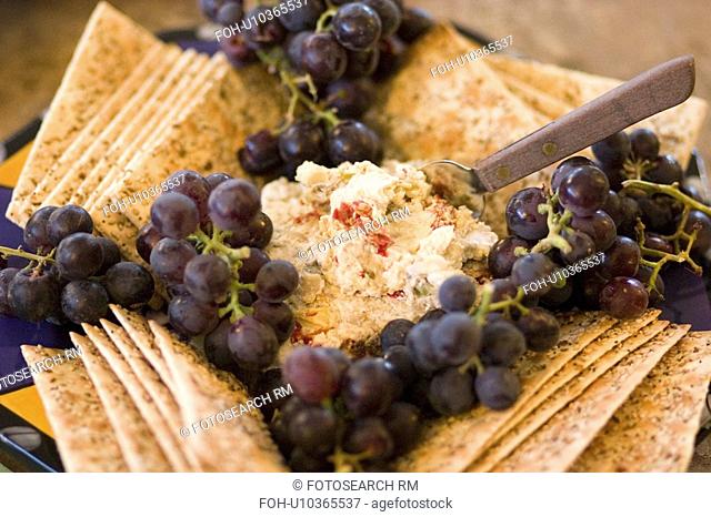 spread, doeuvres, cheese, grapes, crackers, hors