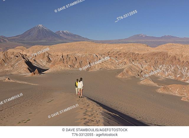 Licancabur volcano rises above the desert landscape in the Valle Marte, San Pedro de Atacama, Chile