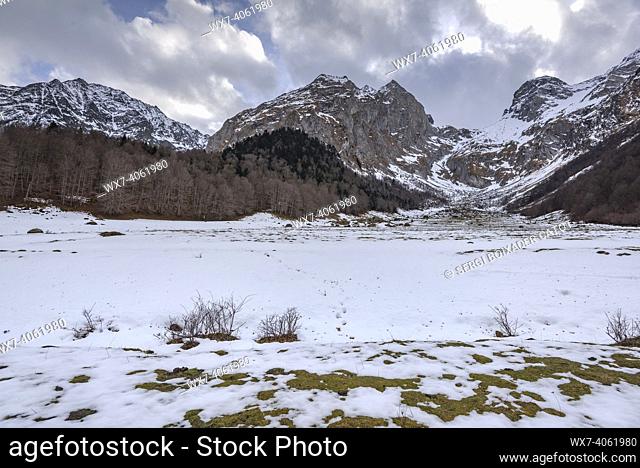 Snowy Artiga de Lin, in a winter afternoon (Aran Valley, Catalonia, Spain, Pyrenees)