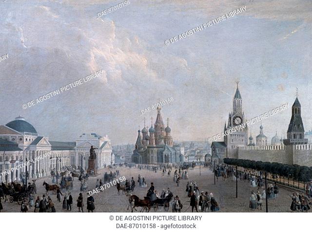 Red Square with Cathedral of the Protection of Most Holy Theotokos on the Moat or Saint Basil's Cathedral and the Kremlin wall in Moscow, oil on canvas