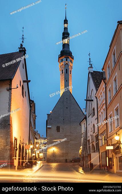 Tallinn, Estonia. Night Evening View Of Old Town Hall. Famous Landmark. Destination Scenic. UNESCO