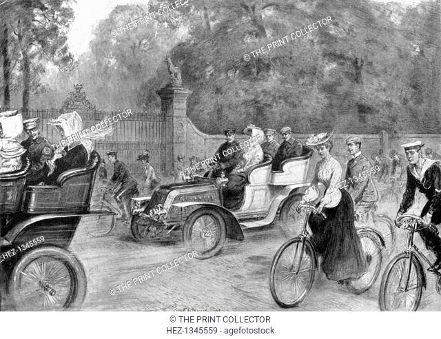 Motors and cycles in Kensington High Street, opposite Holland House, London, 1903. Illustration from the Illustrated London News, (27 June 1903)