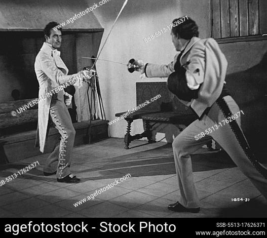 Don Renegade -- Hampered by a broken arm, Marcos (Ricardo Montalban) fights a duel to the death with Don Pedro (Gilbert Roland) in this exciting scene from...