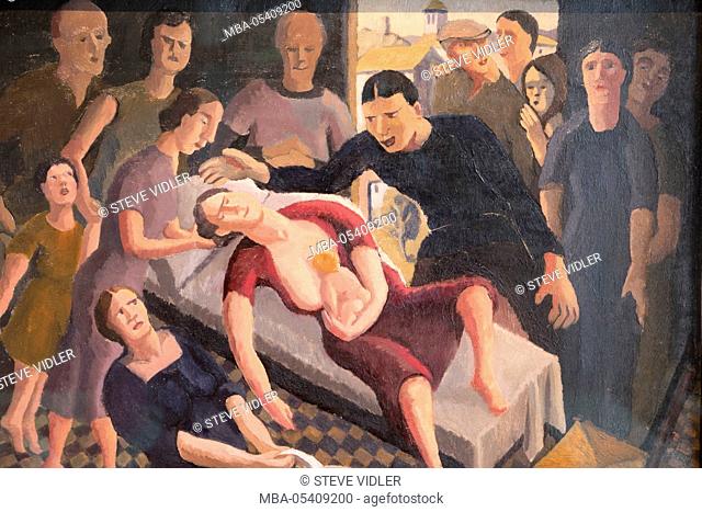 England, London, The Wellcome Collection, The Reading Room, Painting titled A Homebirth by Karl Hagedorn c1950