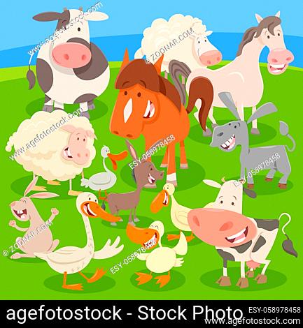 Cartoon Illustration of Farm Animal Characters Group on the Meadow