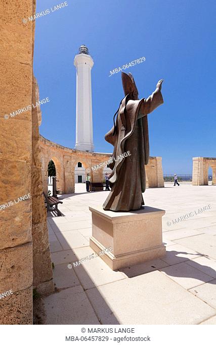 Bronze statue of pope Benedict XVI and lighthouse, Santa Maria di Leuca, province of Lecce, Salento peninsula, Apulia, Italy