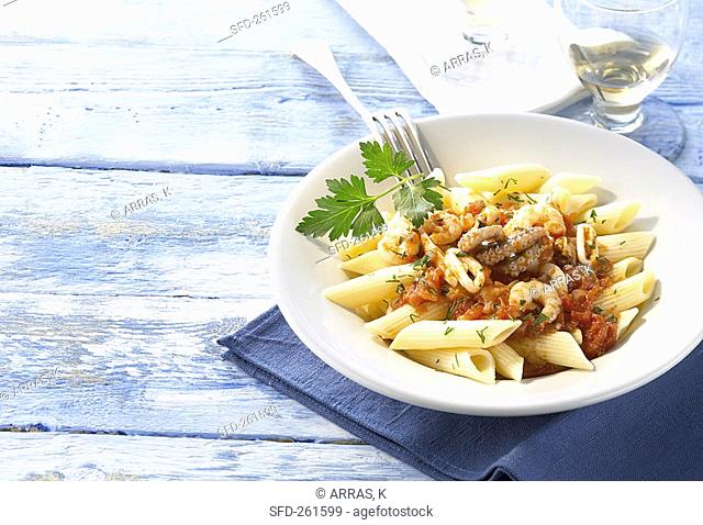 Penne with seafood and tomatoes Greece