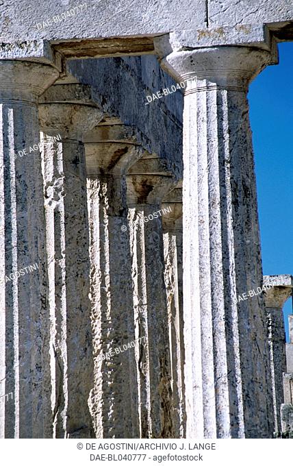 Doric columns of the temple of Aphaia, 500-490 BC, ancient Aegina, island of Aegina, Greece. Greek civilisation, 5th century BC