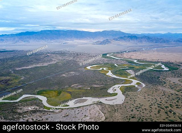 birds eye view of winding river on wilderness, qinghai landscape, China
