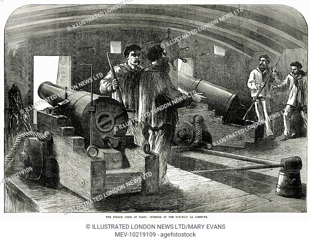 The interior of the Communard gun-boat 'La Commune', shown equipped with cannon, during the Paris Commune of 1871. The second siege of Paris in 1871 was caused...