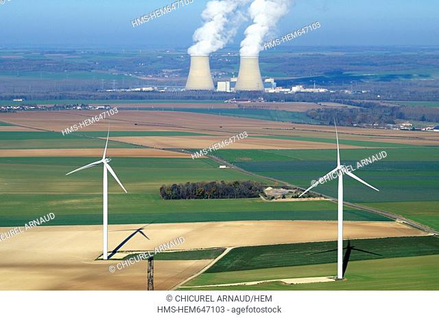 France, Aube, Nogent-sur-Seine, the nuclear power plant of Nogent-sur-Seine is the nearest to Paris, with wind turbines aerial view