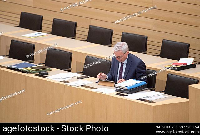 12 March 2020, Baden-Wuerttemberg, Stuttgart: Thomas Strobl (CDU), deputy prime minister of Baden-Württemberg, is sitting on the ministerial bench