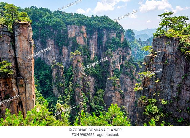 View over tall sandstone columns and formations in Zhangjiajie national park, Hunan, China