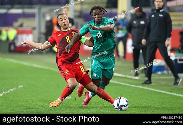 Belgium's Youri Tielemans and Burkina Faso's Abdoul Guiebre fight for the ball during a friendly soccer match between Belgian national team the Red Devils and...