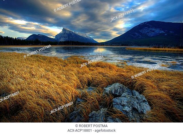 Sunset clouds over Mount Rundle and the Vermillion Lakes, Banff, Alberta, Canada