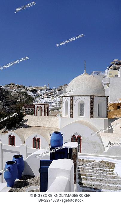 Stairs, church with a white dome, Oia, Santorini, Greece, Europe, PublicGround