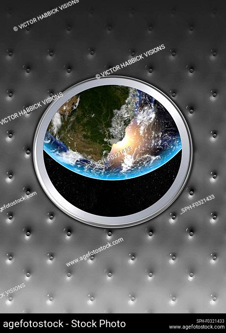 Earth from spaceship window, conceptual illustration