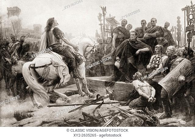 Vercingetorix throws down his arms at the feet of Julius Caesar, 52 BC. After this he was imprisoned in the Tullianum in Rome for five years