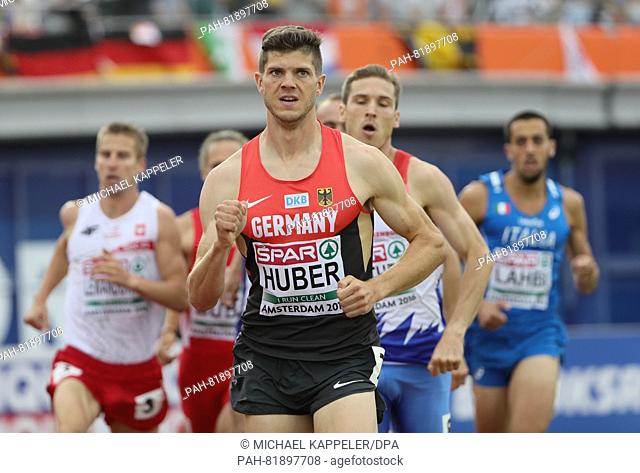 Germany's Benedikt Huber (c) competes in the Men's 800m heats at the European Athletics Championships at the Olympic Stadium in Amsterdam, The Netherlands