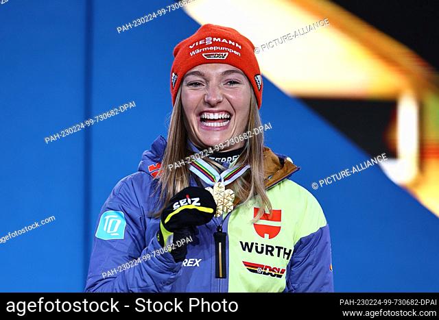 24 February 2023, Slovenia, Kranjska Gora: Nordic skiing: World Championships, ski jumping, normal hill, women, award ceremony